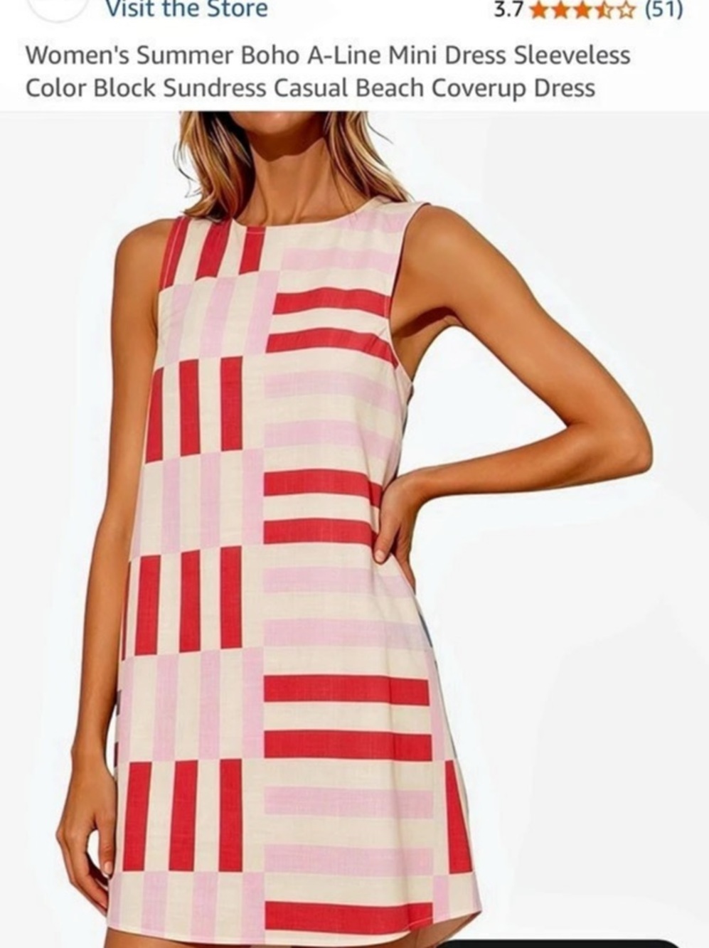 TBETNE Women's Summer Boho A-Line Mini Dress Sleeveless Color Block Sundress